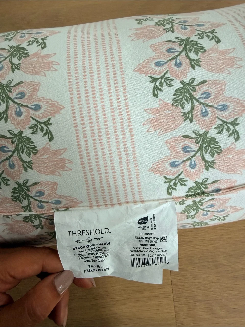 NWT Pink Floral Bolster Pillow with Green Leaves